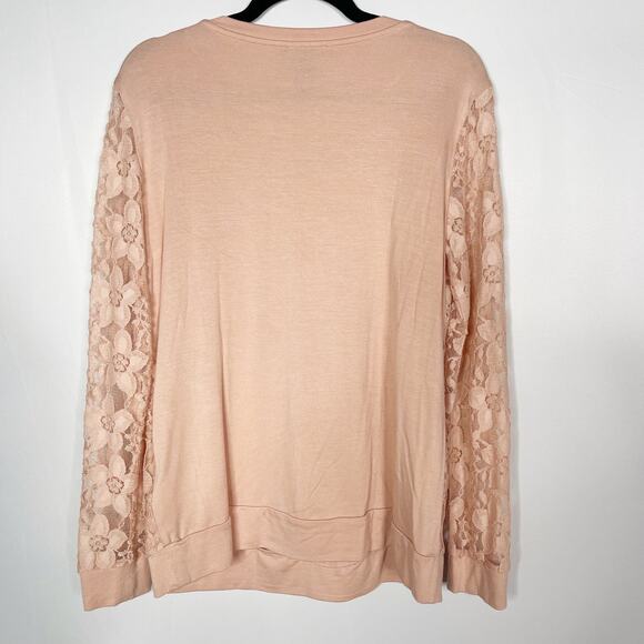 Adrianna Papell M Warm Blush Blouse Lace Overlay Long Sleeve French Terry Top - Picture 2 of 5